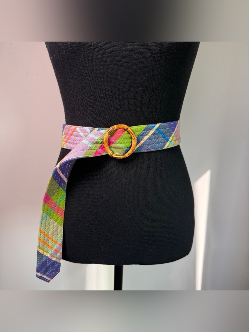 Vintage Quilted Madras Plaid Belt | Bamboo Ring Buckle | Multicolor | S/M/L - Picture 2 of 7